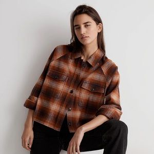 NWT Madewell Flannel Crop Shirt-Jacket in Plaid -Size XL -Orange, Brown
